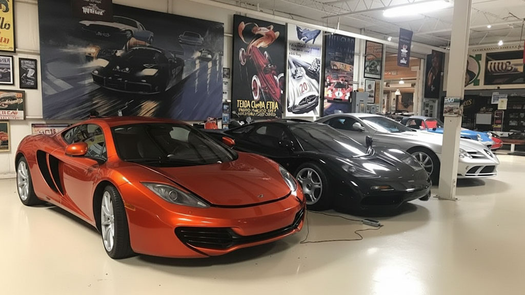 A line-up of modern and classic supercars in Jay Leno's Garage, featuring an orange McLaren MP4-12C, a black McLaren F1, a silver Mercedes-Benz SLR McLaren, and other high-performance vehicles, surrounded by vintage racing posters.
