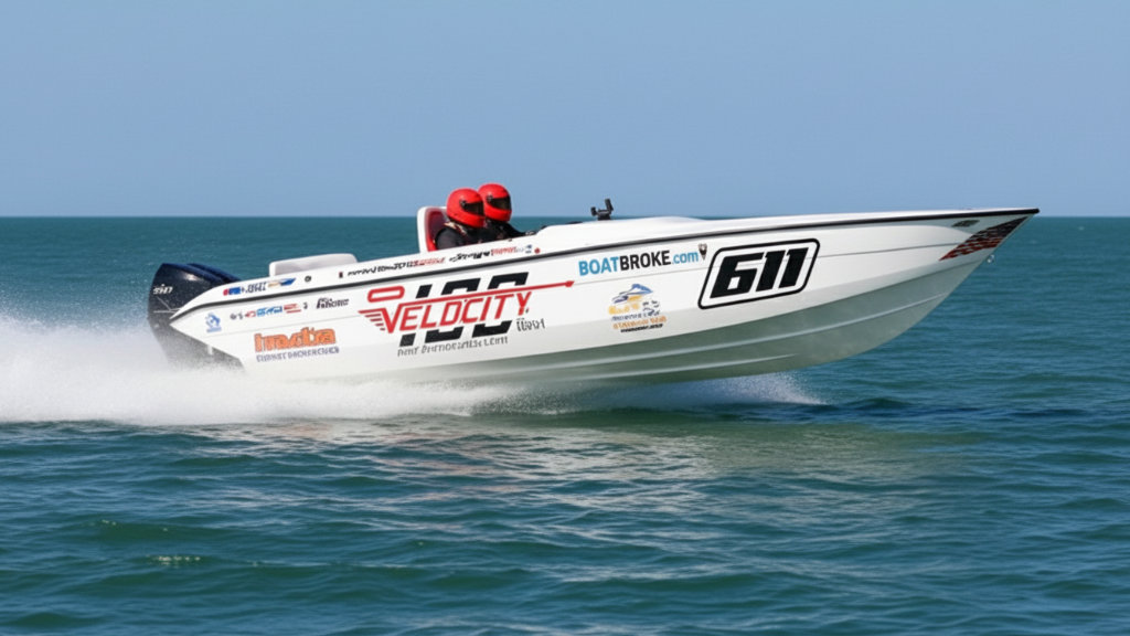 Offshore racing powerboat Team Ride Legal (boat number 611) airborne with driver and throttleman during a race.