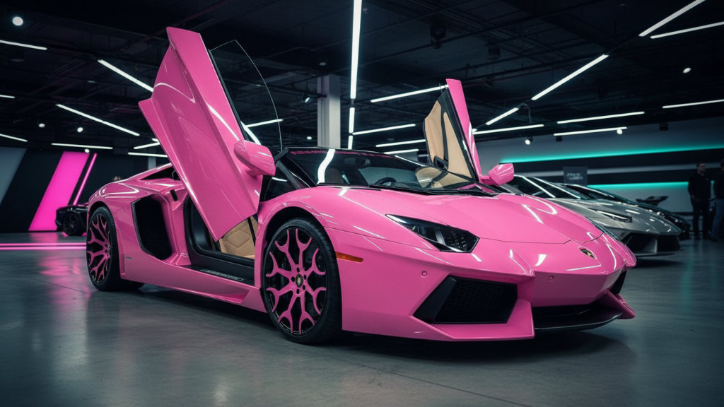 Pink Lamborghini Aventador with scissor doors open in a showroom
