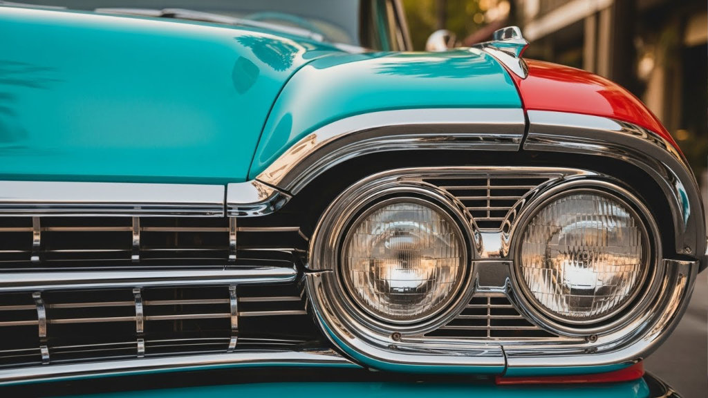 Close-up of a teal and red 1958 Chevrolet Impala front end featuring dual headlights and a polished chrome horizontal mesh grill.