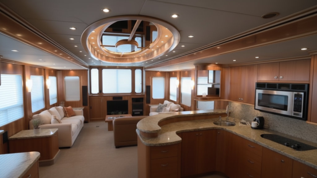 Ultra-luxury motorhome interior with a rounded granite kitchen counter, light wood paneling, white sofas, and circular mirrored ceiling accents.
