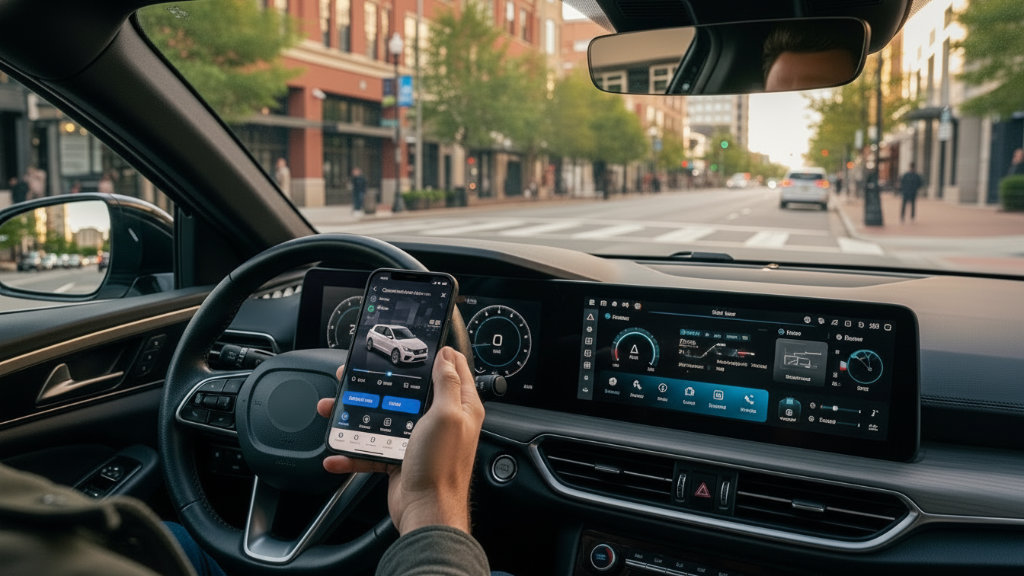 A driver using a smartphone app to control a modern vehicle's dashboard and digital infotainment system from the driver's seat.