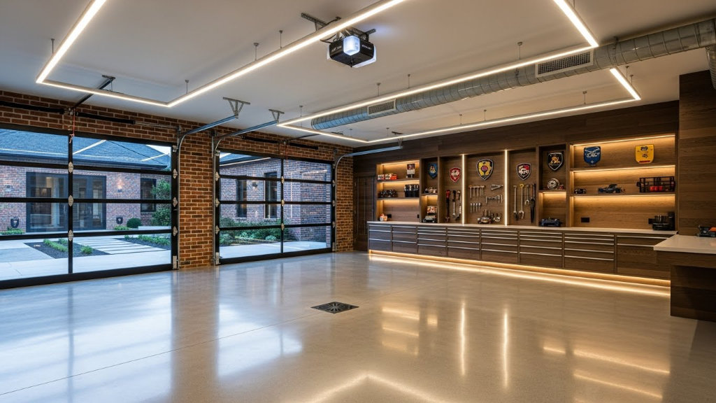 Interior of an empty modern luxury garage featuring polished epoxy floors, glass garage doors, and a custom wood-paneled wall with integrated tool storage and display shelves.