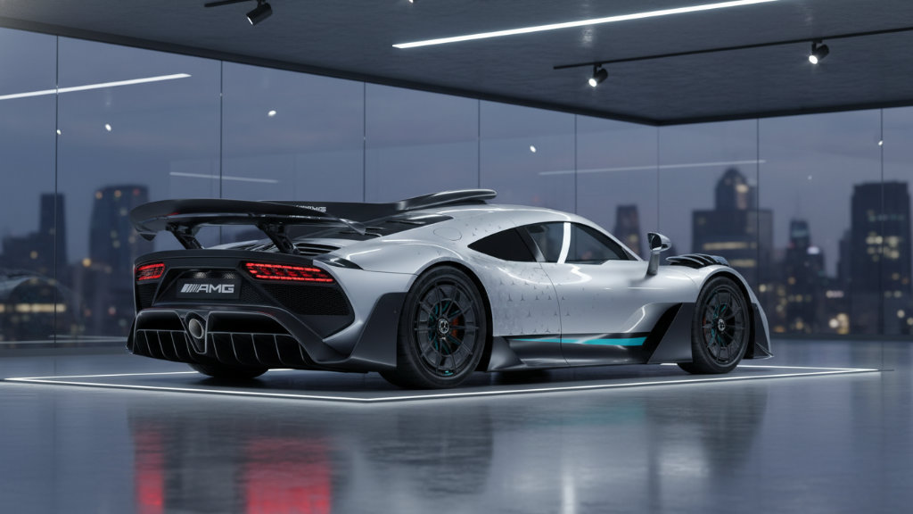 Rear view of a silver Mercedes-AMG One hypercar with an F1-style shark fin and large rear wing, showcased in a luxury glass showroom with a night city skyline background.