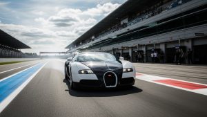 A modernized silver McLaren F1 GTR hypercar with a large rear wing and roof scoop parked on a sunlit cobblestone driveway surrounded by lush greenery.