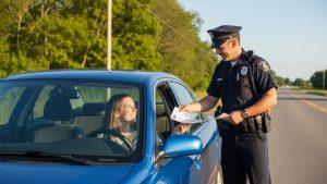 A friendly police officer handing a document to a smiling female driver in a blue car during a roadside traffic stop on a rural highway.