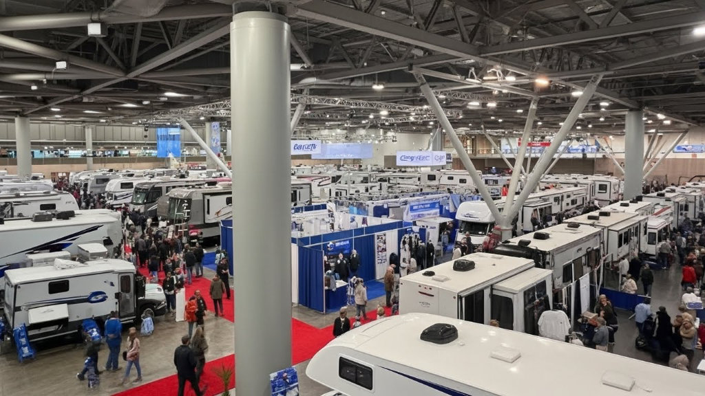 Overhead view of a crowded indoor RV show featuring a wide variety of motorhomes and travel trailers with attendees walking on red carpet aisles.