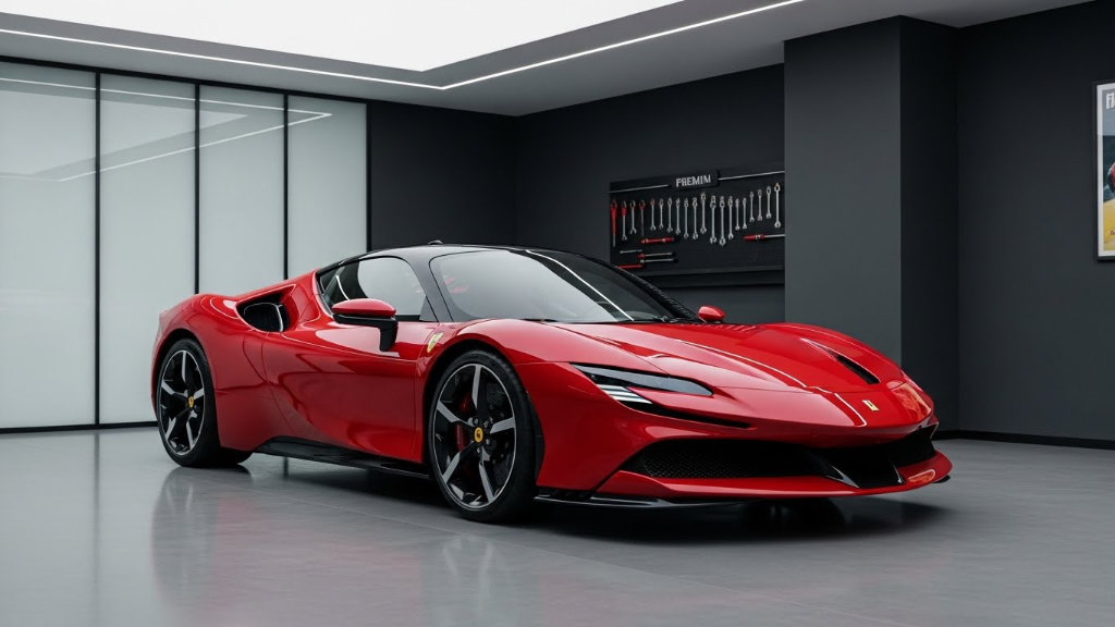 Front three-quarter view of a red Ferrari SF90 Stradale hybrid supercar with a black roof, parked in a minimalist modern garage featuring a tool rack on the wall.