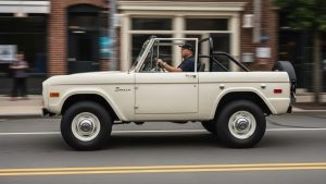 Side view of a restored white classic first-generation Ford Bronco driving on a city street with an open top and black roll cage.