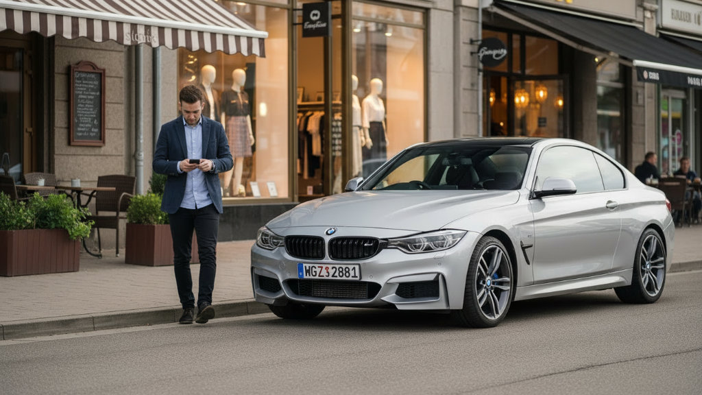 A man in a blue blazer walking past a silver BMW 4 Series coupe parked on a European city street with shops in the background.