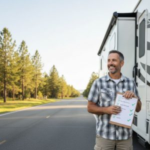 happy driver with all checklist on RV and ready to go on the road