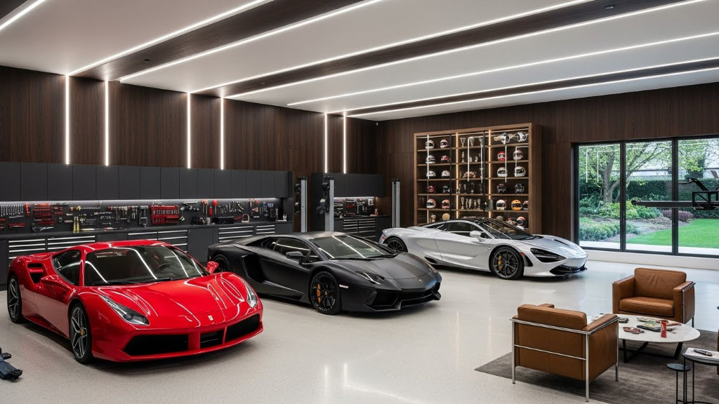A luxury supercar collection featuring a red Ferrari, matte black Lamborghini Aventador, and white McLaren 720S in a modern home garage with dark wood walls and LED lighting.