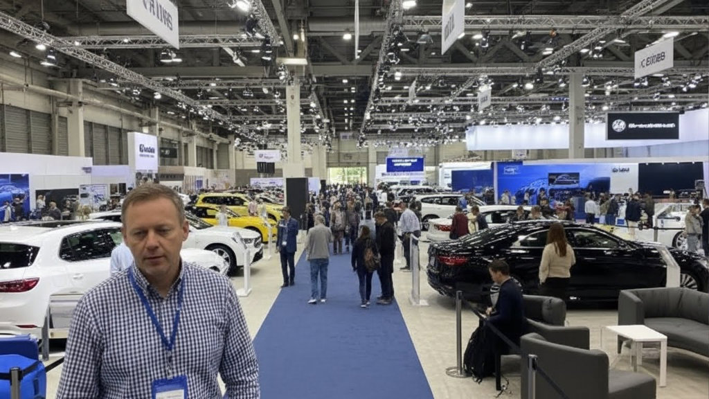 A man in a checkered shirt standing in a large vehicle exhibition hall filled with white, yellow, and black cars during a public car show.