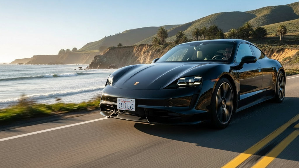 Black luxury electric sports car (Porsche Taycan) driving fast along a scenic California coastal highway with ocean cliffs and bright sunlight.