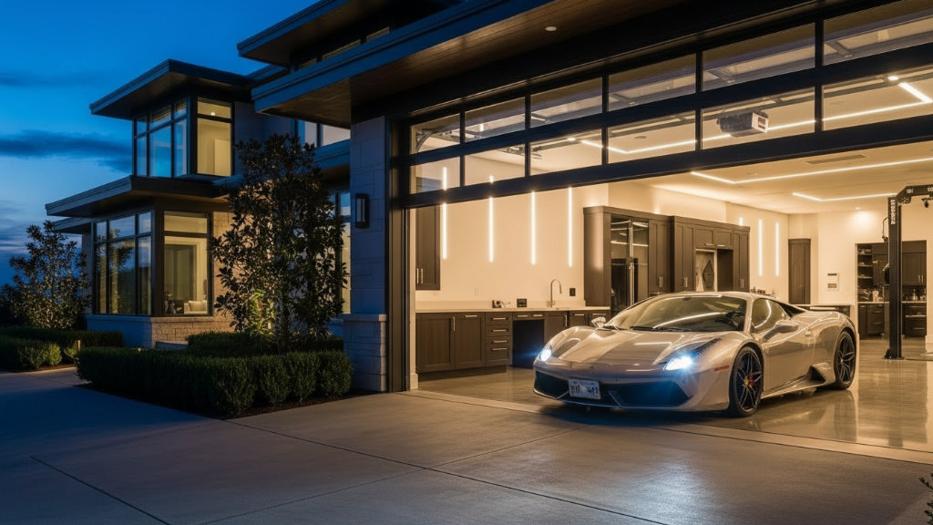Exterior view of a contemporary luxury home at night with a silver Ferrari parked inside a brightly lit modern garage featuring large glass windows and minimalist architecture.