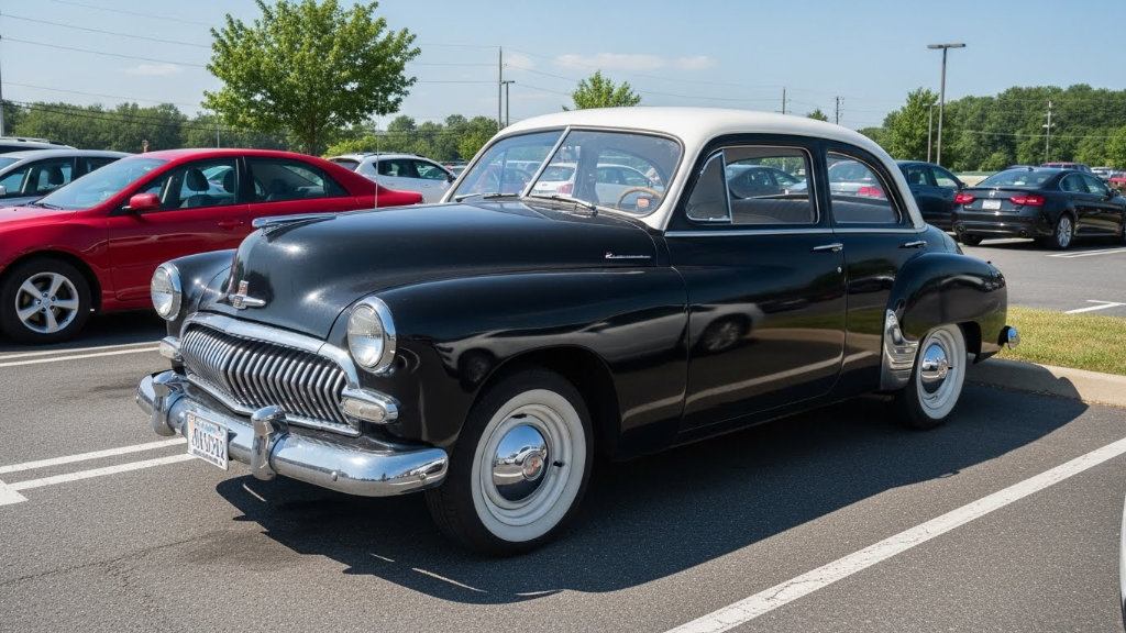 Black 1950s Buick Super sedan with a white roof and iconic chrome "bucktooth" waterfall grill parked in an outdoor lot.