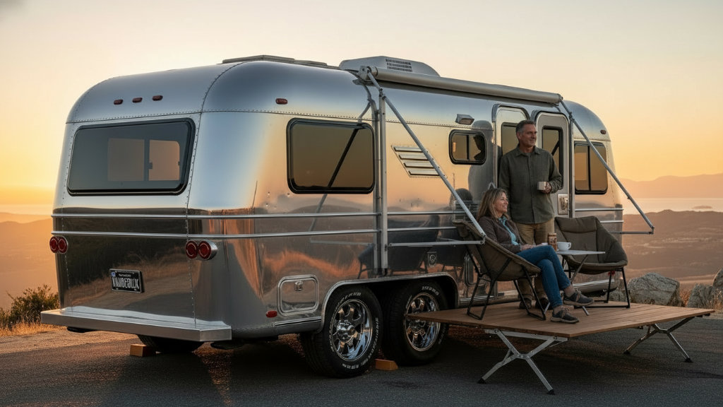 A couple enjoying a luxury RV lifestyle, relaxing with mugs on a portable deck next to a polished aluminum travel trailer, overlooking a scenic coastal sunset