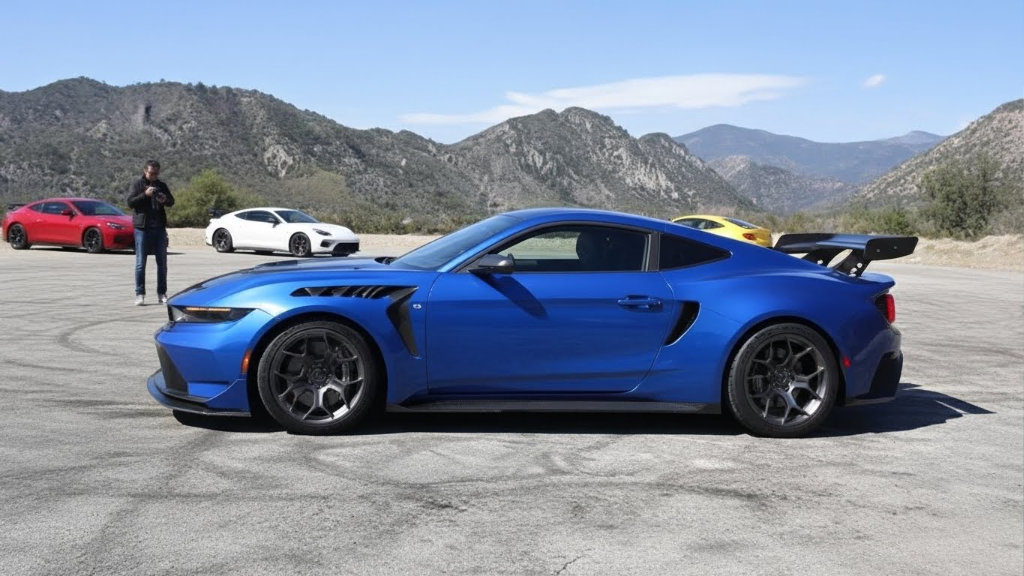 Side profile of a blue Ford Mustang GTD with active aerodynamics parked at an outdoor enthusiast gathering with a mountainous backdrop.
