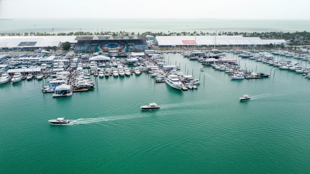 An aerial perspective of the Miami International Boat Show featuring hundreds of boats and yachts docked at a massive temporary pier structure with white event tents along the shoreline and boats cruising in the green water.