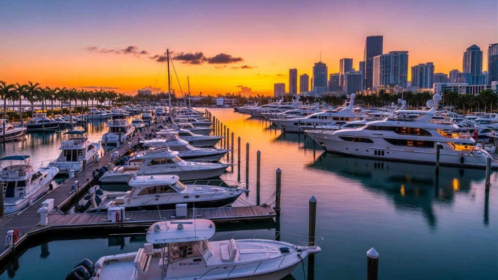 A wide-angle view of a Miami marina at sunset, featuring numerous luxury yachts and motorboats docked in calm water with the illuminated city skyline and a vibrant orange sky in the background.