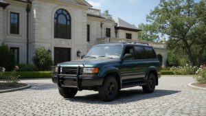 A pristine, fully restored dark green Toyota Land Cruiser parked on a cobblestone driveway in front of a large luxury mansion, showcasing the potential of high-end vintage SUV investment.