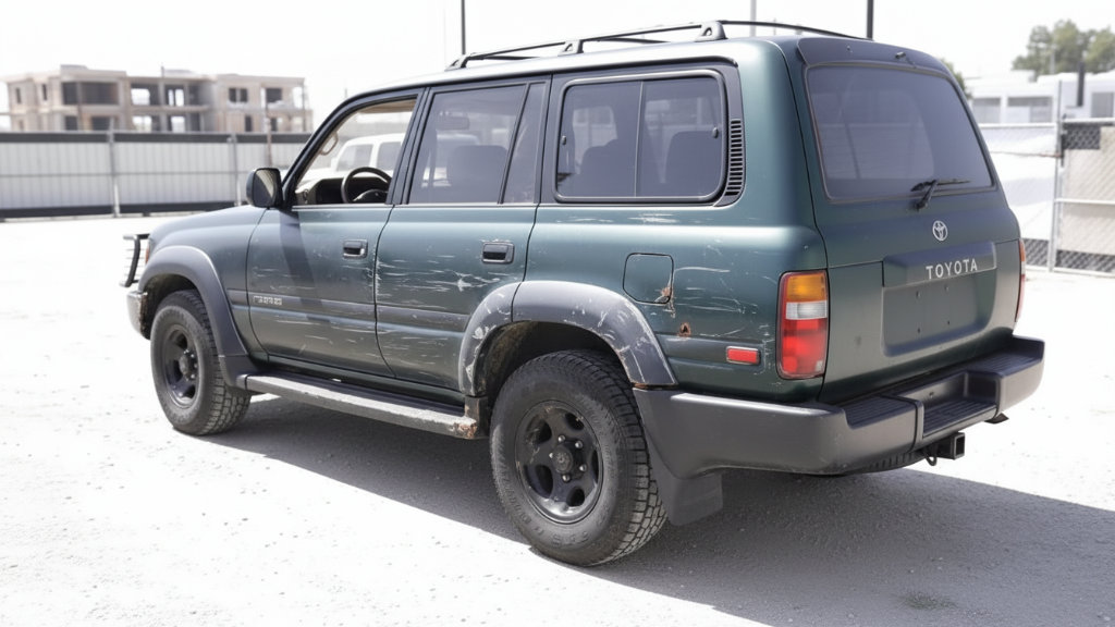 A vintage dark green Toyota Land Cruiser showing significant signs of age, including side panel scratches and rust spots, parked in an industrial lot prior to restoration.