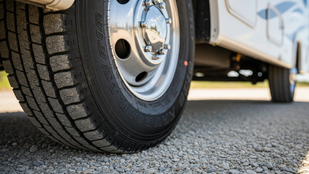 A close-up view of a heavy-duty RV tire with deep tread and a polished chrome rim parked on a gravel surface.