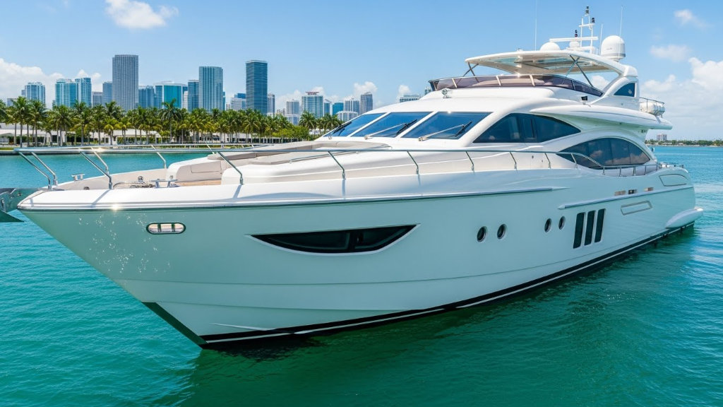 A large, sleek white luxury yacht cruising through turquoise water in Miami, showing the modern deck design and cabin windows with the city skyline and palm trees visible under a clear blue sky.