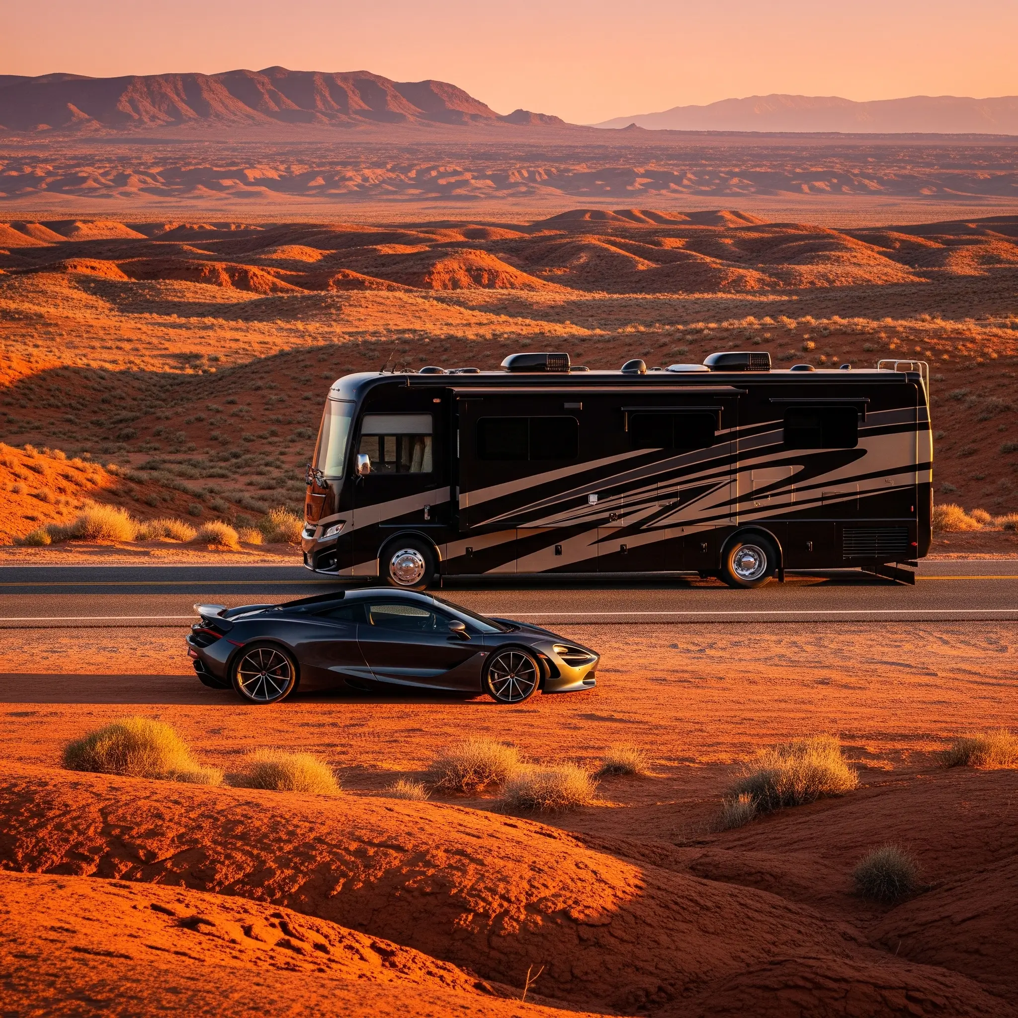 A black McLaren and a luxury motorhome are parked in the desert at sunset surrounded by red sand and distant mountains