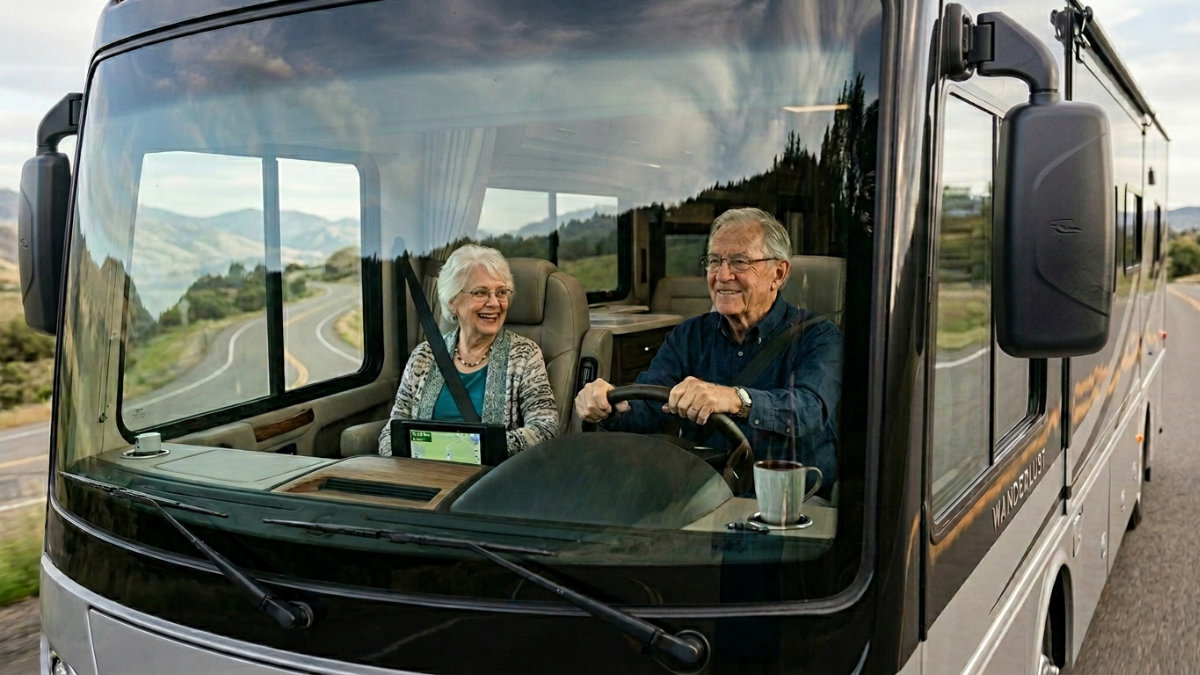 A smiling senior couple drives a luxury Class A motorhome through a winding mountain highway, with open road and hills visible through the large windshield.