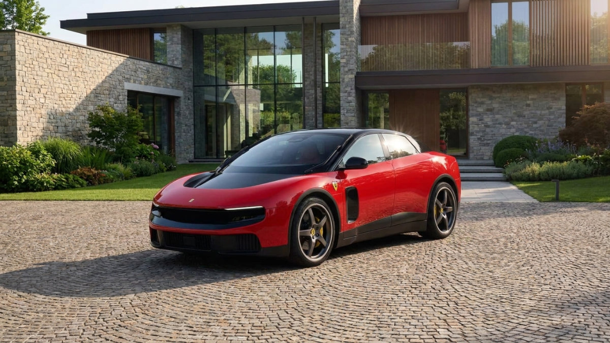 2026 Ferrari Luce EV in Rosso Corsa red parked on a cobblestone driveway in front of a modern luxury stone estate
