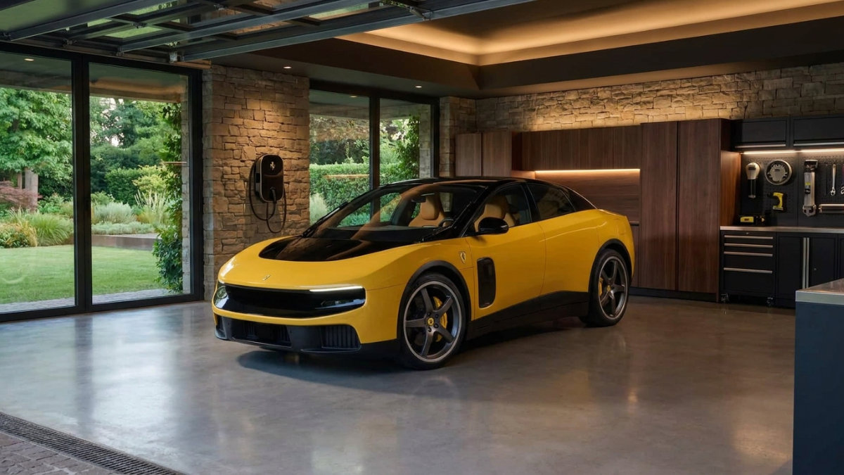 2026 Ferrari Luce EV in yellow with tan interior parked inside a high-end collector garage with a wall-mounted EV charger and warm wood cabinetry