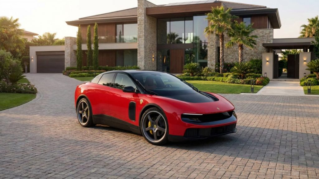 2026 Ferrari Luce fully electric five-seat grand tourer in red with black roof parked outside a Mediterranean-style luxury villa at sunset