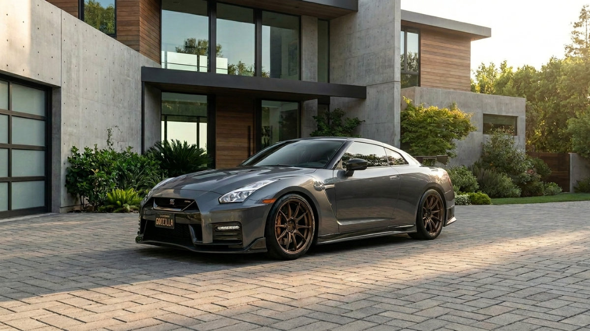 Front three-quarter view of a gunmetal gray Nissan GT-R with bronze wheels and a "GOOZILLA" California plate, parked on a paver driveway in front of a contemporary concrete and wood luxury residence at golden hour