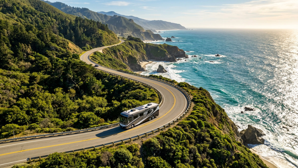 An aerial shot of a luxury Class A motorhome traveling along a winding coastal highway bordered by lush green hillsides and the Pacific Ocean below.