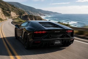 Black Lamborghini speeding along a winding coastal highway with cliffs on one side and the ocean on the other, sunset light.