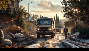 Soldier walking along a snow-dusted village road as a large military cargo truck drives by at sunset.